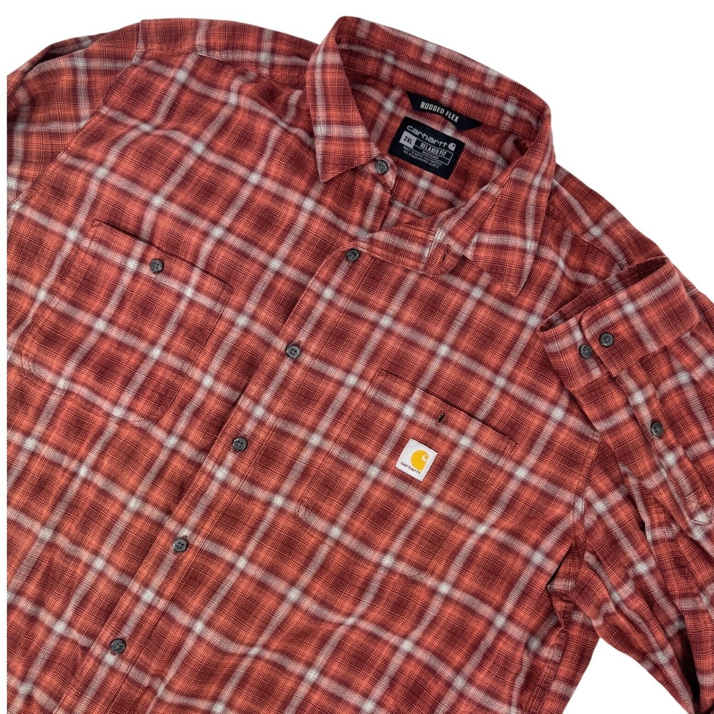 Carhartt Flannel Shirt 2XL Rugged Flex Relaxed Fit Plaid Men's Orange